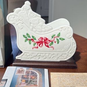 Lenox China Sleigh Holiday Christmas Card Napkin Holder Holly Berries Red Ribbon